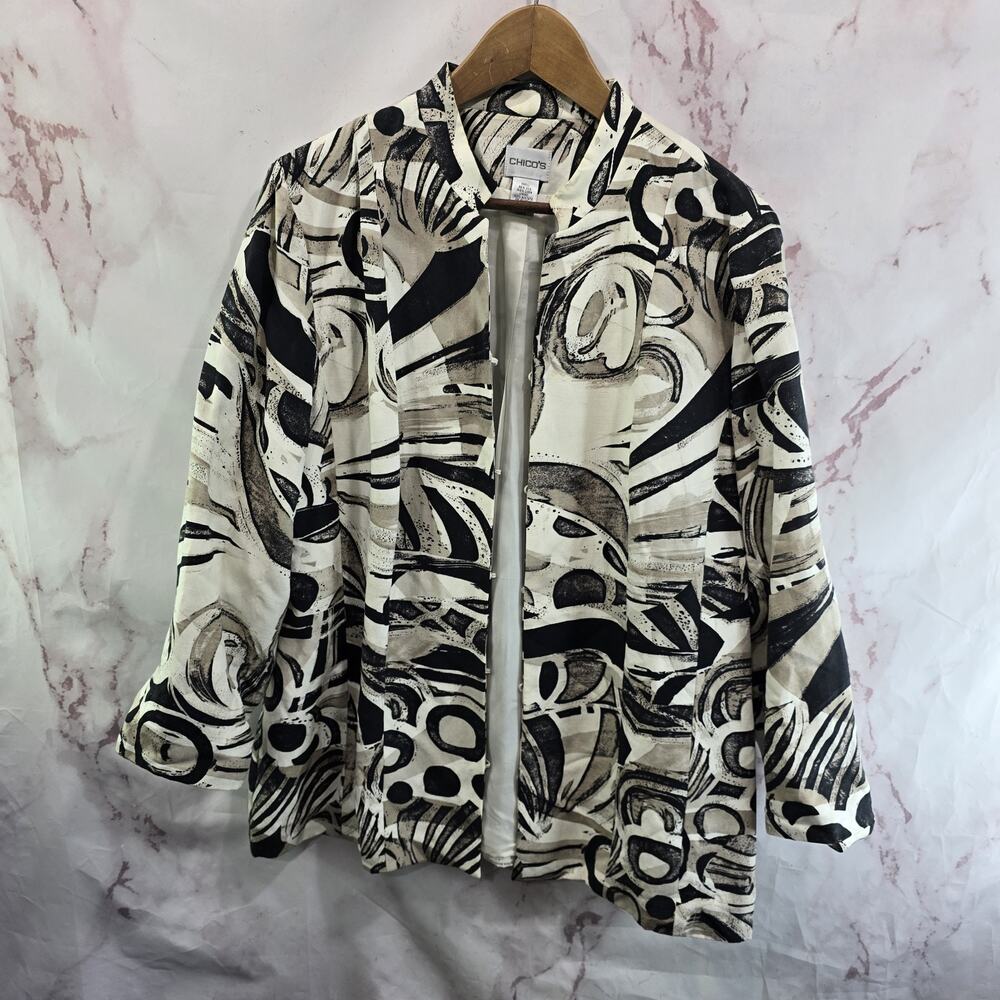 Chicos Jacket Womens Large 2 White Black Linen Silk Blend Abstract Art Pattern